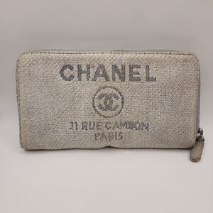 Chanel Tweed Canvas Deauville Zip Around Blue Gray Wallet